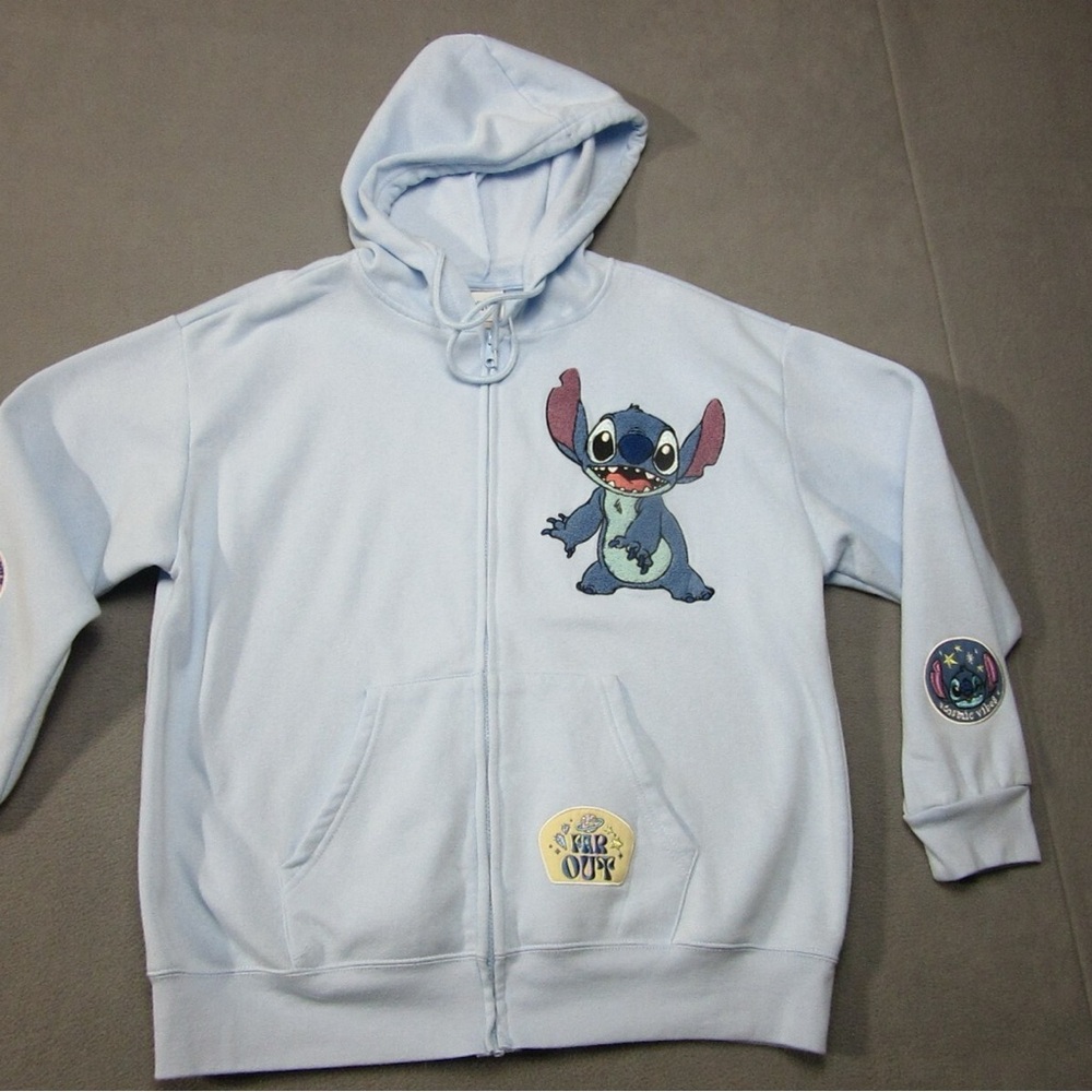 Stitch Disney Hoodie Womens XXL Blue Embroidered Fleece Patches Full-Zip